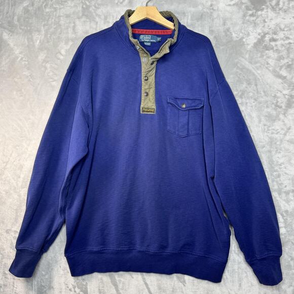 Polo Ralph Lauren Sweatshirt Mens 2XLT Tall Blue Mock Neck Henley Cotton Pocket - Picture 1 of 7